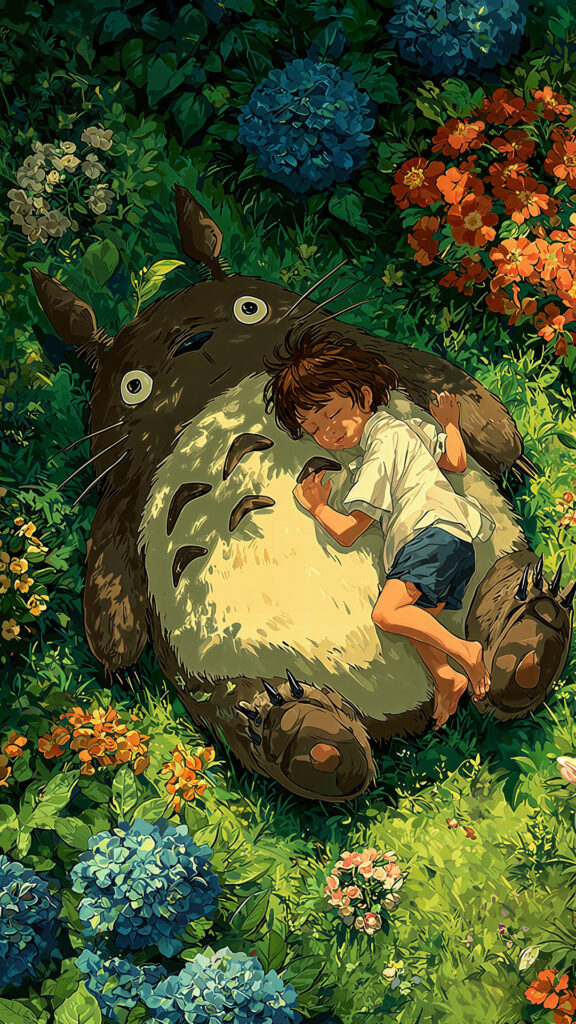 A young child sleeps soundly on the stomach of the large, grey forest spirit Totoro, who is lying in a vibrant meadow filled with colorful wildflowers.