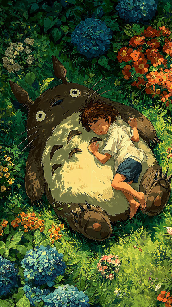A young child sleeps soundly on the stomach of the large, grey forest spirit Totoro, who is lying in a vibrant meadow filled with colorful wildflowers.