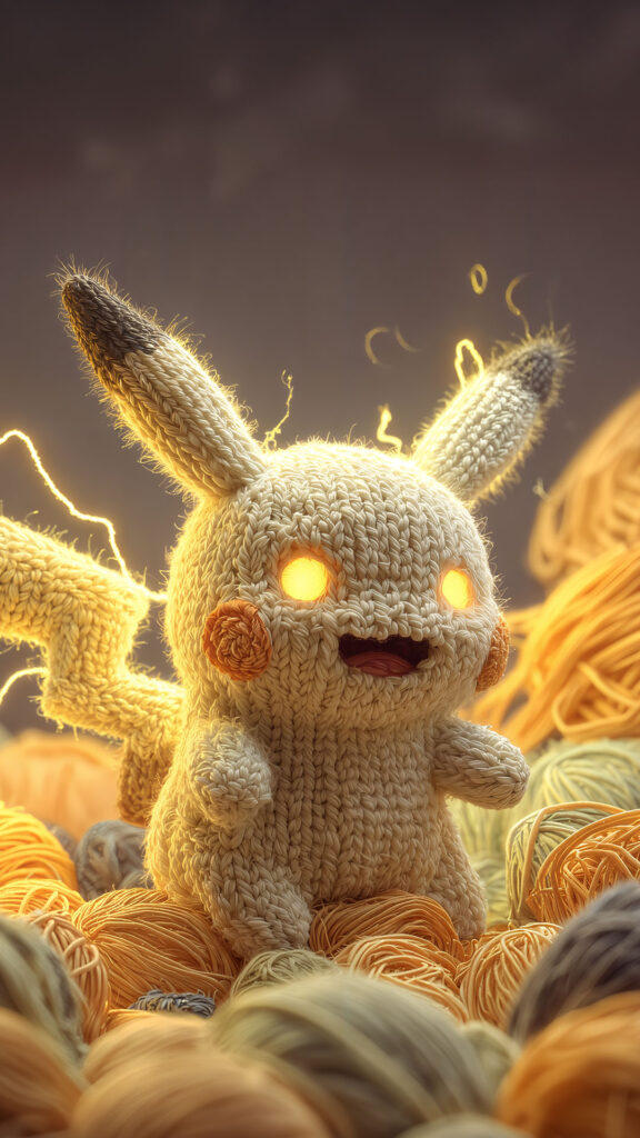 Knitted Pikachu with glowing eyes and electric sparks surrounded by yarn.