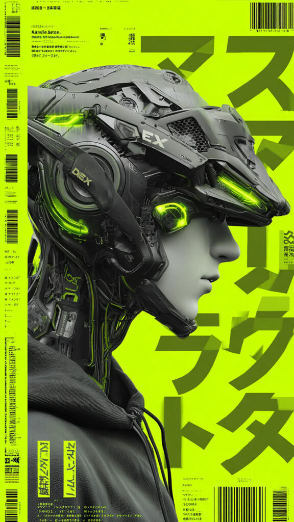 A person in profile wearing an intricate, futuristic helmet with glowing green lights against a bright lime green background with Japanese text overlays