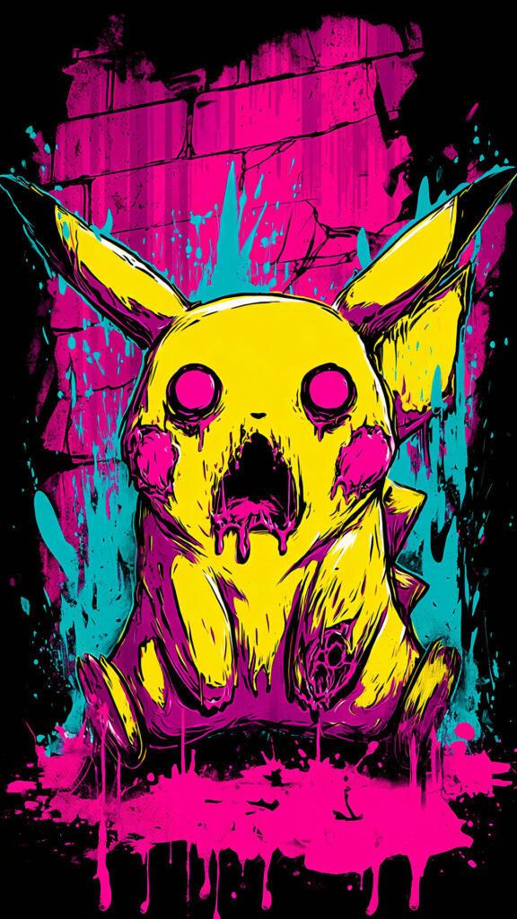 Vivid, grunge-style Pikachu illustration with pink and cyan splashes on a dark brick background