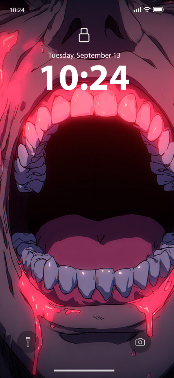 Lock screen of an extreme close-up of a screaming mouth, with the teeth and gums illuminated by a vivid pink glow as a matching liquid drips down