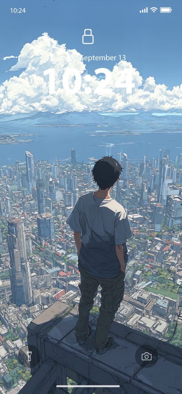 Lock Screen of an Anime character from behind, looking over a city from a rooftop