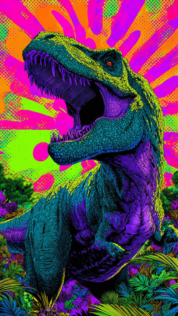 A stylized pop-art illustration of a roaring T-Rex, depicted in vivid neon green and purple against a psychedelic pink and orange background